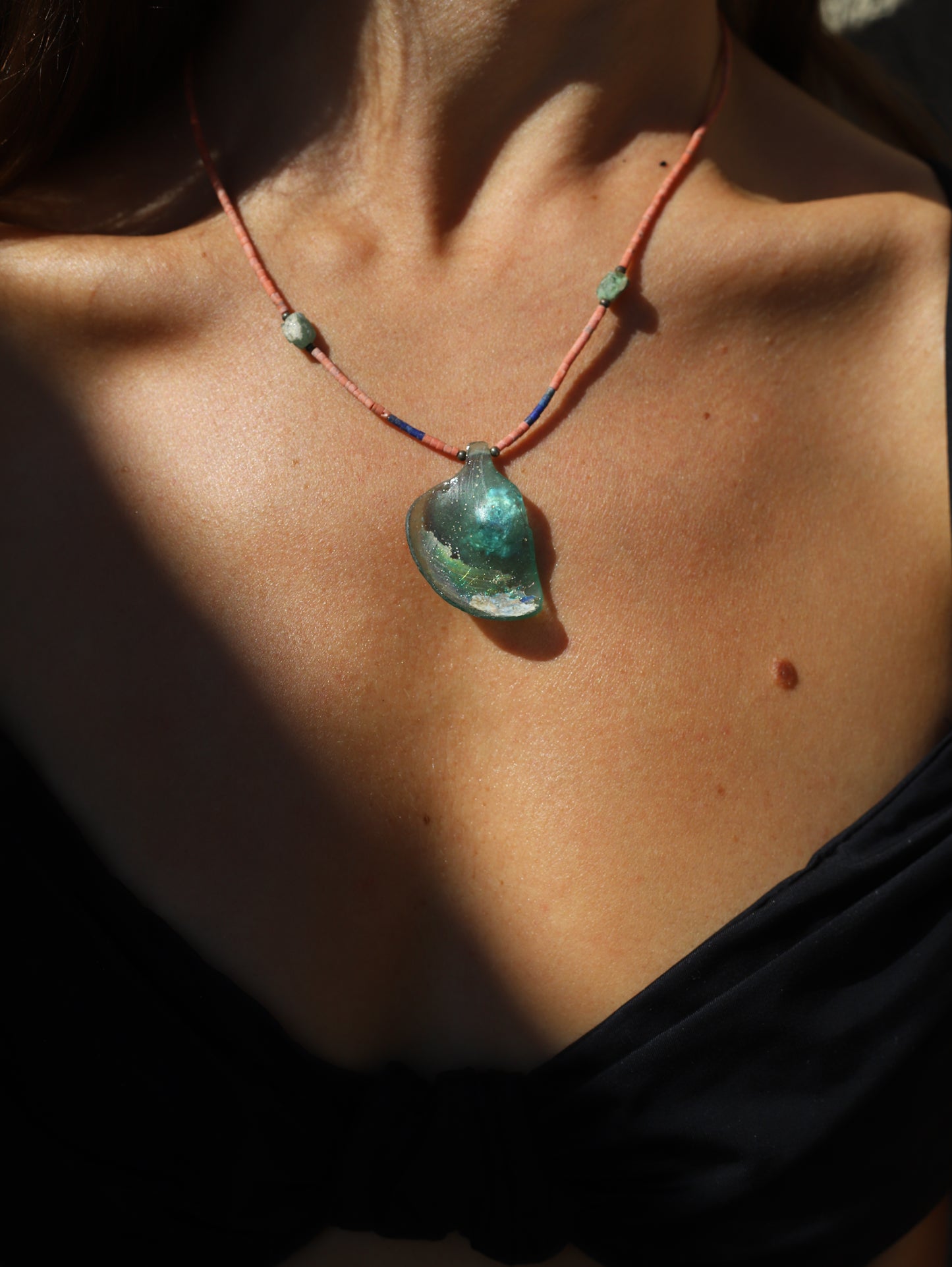 One of the kind- Roman Glass, Pink coral & Lapis lazuli