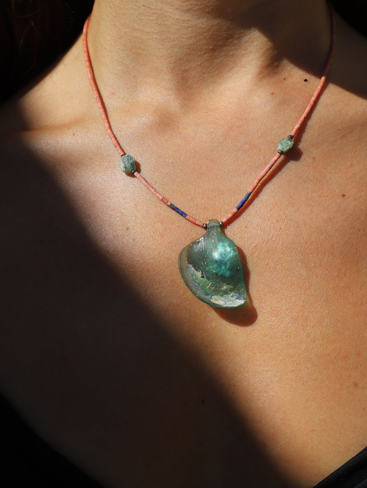 One of the kind- Roman Glass, Pink coral & Lapis lazuli
